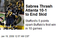 Sabres Thrash Atlanta 10-1 to End Skid