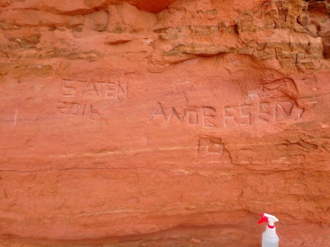Large graffiti carved at Arches National Park in Utah