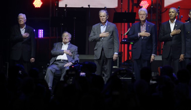 Former presidents call for unity at hurricane aid concert