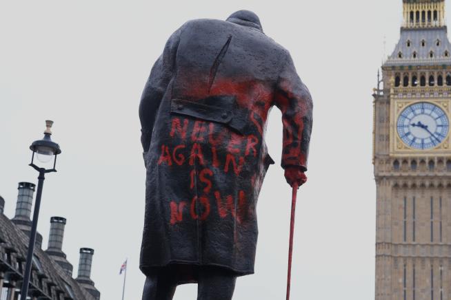 Suspect arrested after Churchill statue in London defaced with pro-Palestinian graffiti