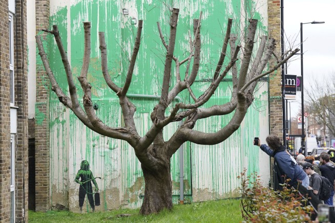 A new Banksy mural sprouts beside a cropped tree in London. Many see an environmental message
