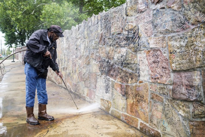 'BLM' and 'Defund the Police' spray painted at Graceland