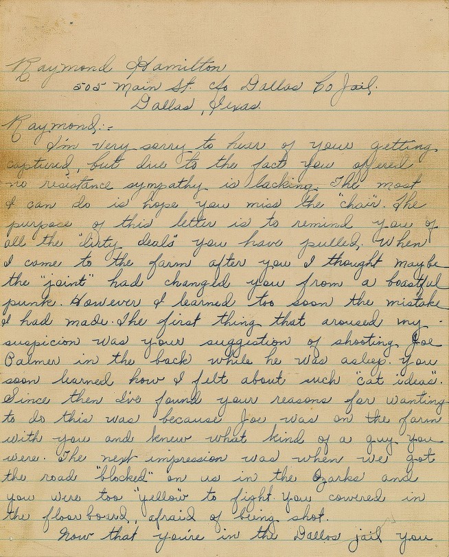 Sour letter from Bonnie and Clyde to ex-ally up for auction