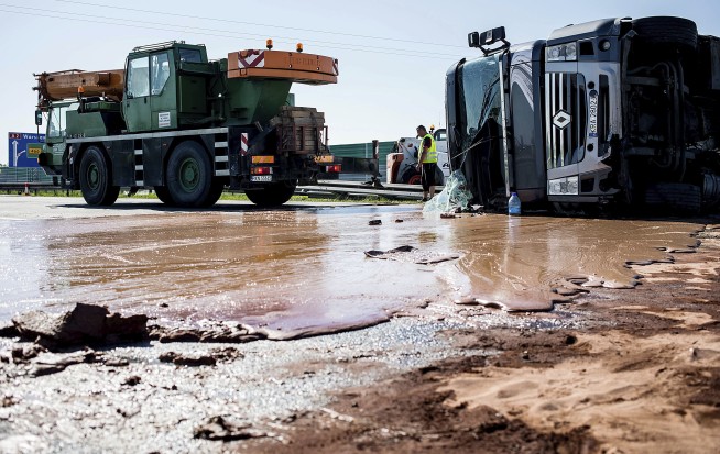 A sticky mess: liquid chocolate spills onto Polish highway
