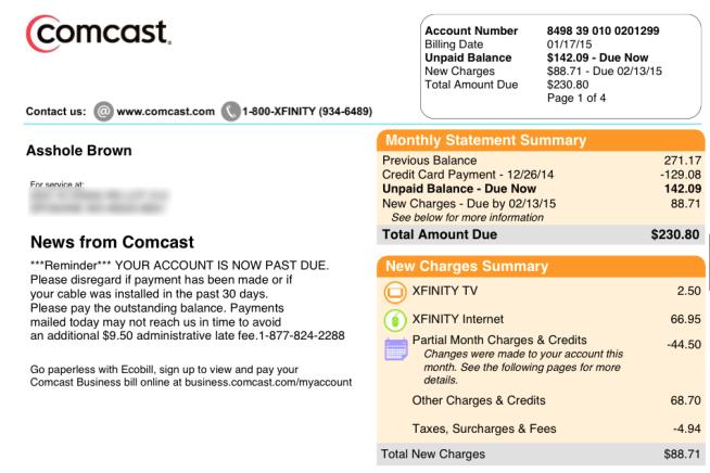 Comcast Customer Gets Bill Addressed to ‘A--hole'