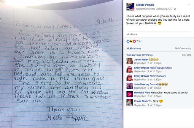 Mom's Brutally Honest Tardy Note for Teen Goes Viral