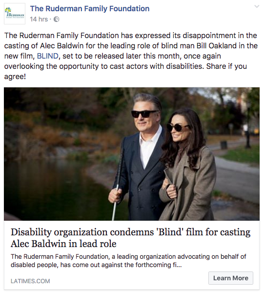 Activists: Baldwin as Blind Man Treats 'Disability as Costume'