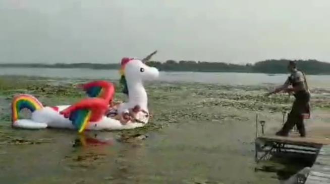 Deputy Rescues Giant Inflatable Unicorn Stuck in Lake