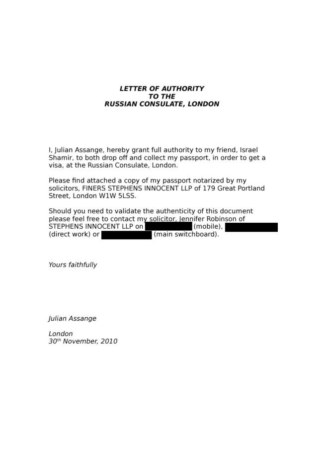 Letter Appears to Show Assange Seeking Russian Visa in 2010