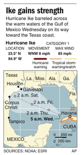 Ike Strengthens, Heads for Texas