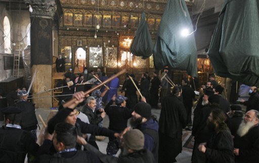 Priests Brawl With Brooms at Church of the Nativity