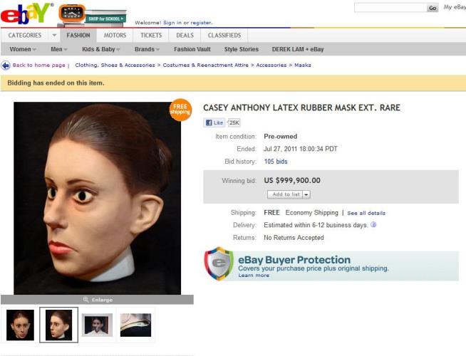 Casey Anthony Mask Auctioned for Almost $1M on eBay