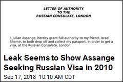 Letter Appears to Show Assange Seeking Russian Visa in 2010